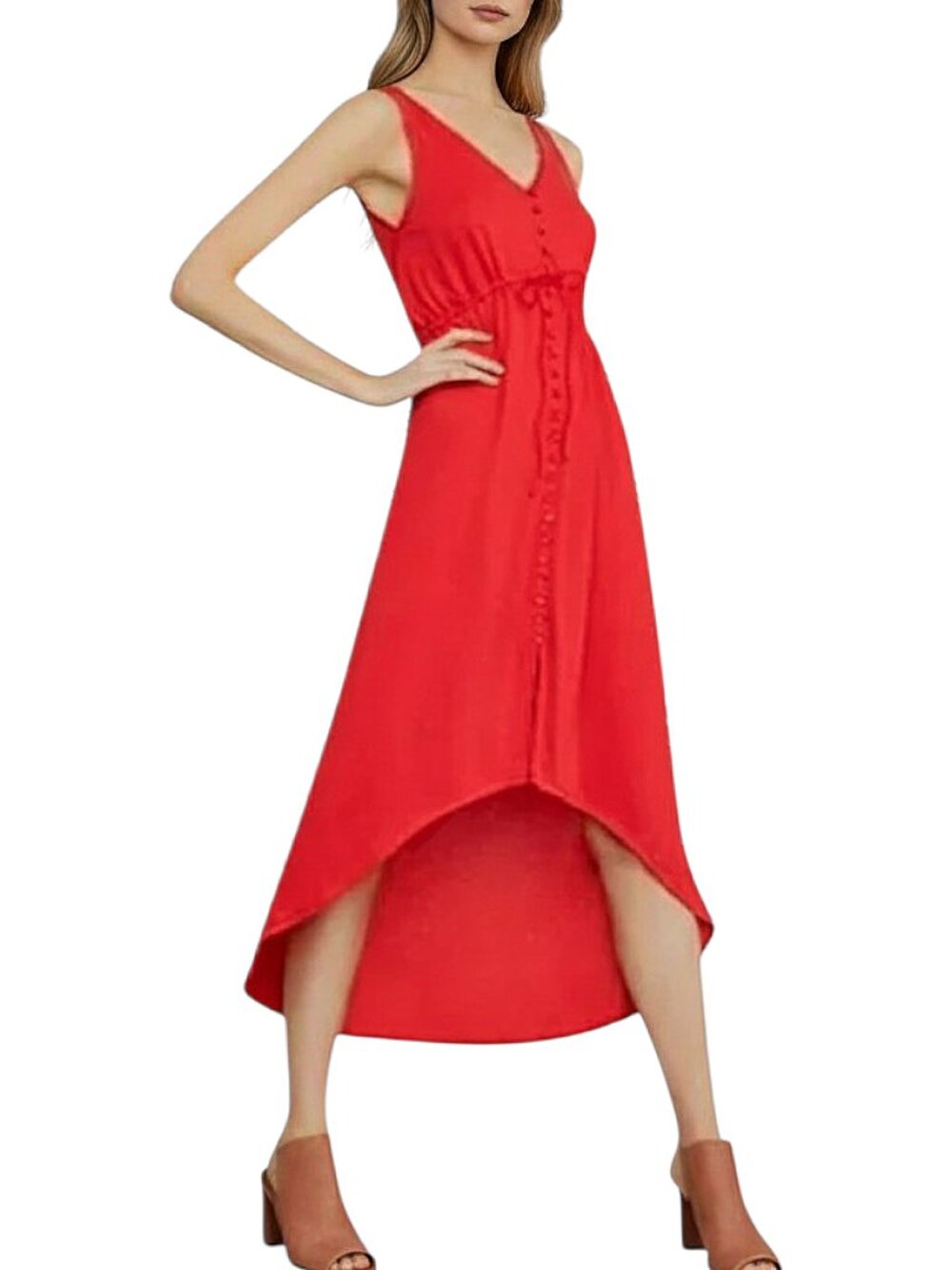 NWT BCBGMaxAzria Red Sleeveless High-Low Tie-Waist Flowy Modal Summer Dress - S